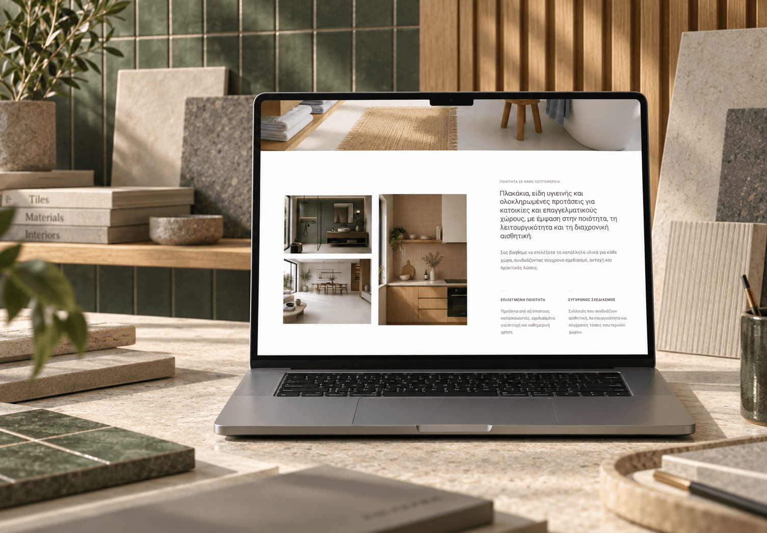Η αρχική σελίδα του Xenarios Tiles σε laptop μέσα σε showroom πλακιδίων